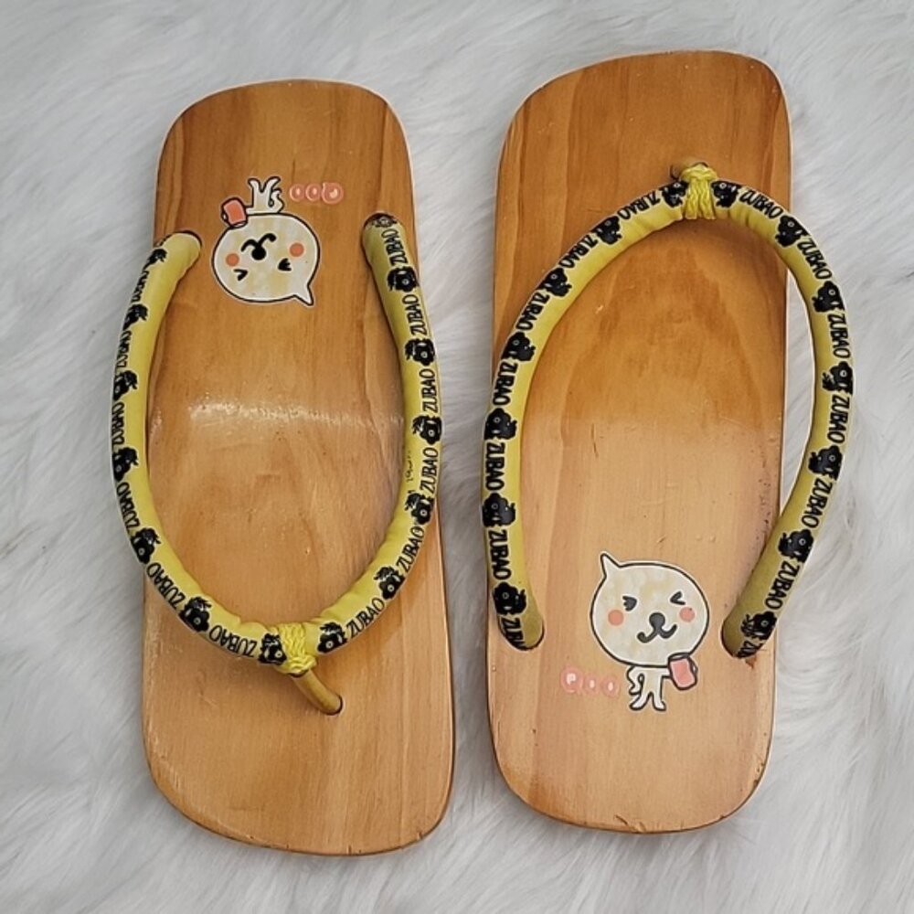 ZUBAO Geisha Japanese Style Wood Open Toe Slip On Yellow Thong Flip Flop Sandals - Picture 6 of 16